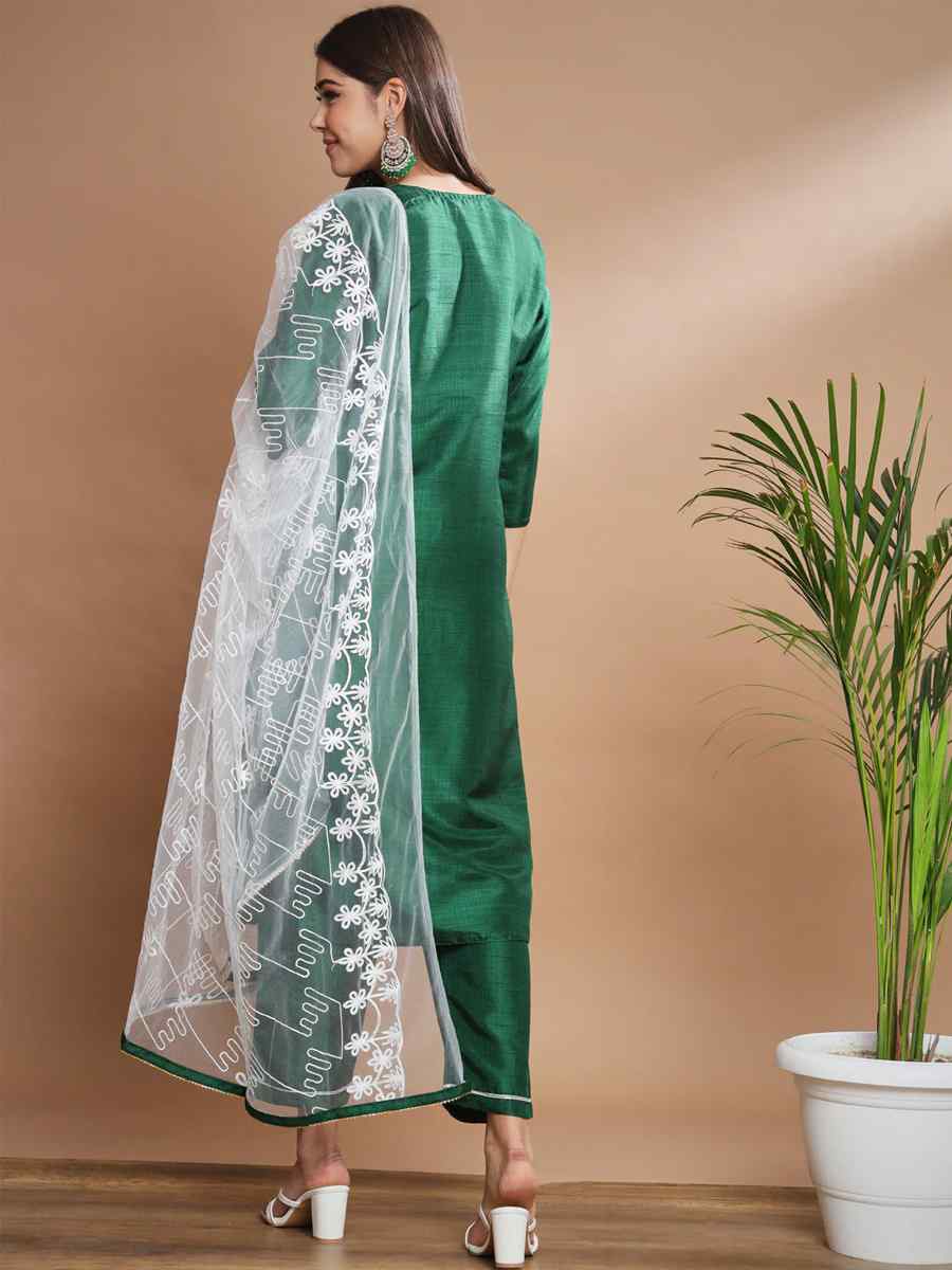Green Cotton Silk Blend Embroidered Festival Casual Ready Pant Salwar Kameez
