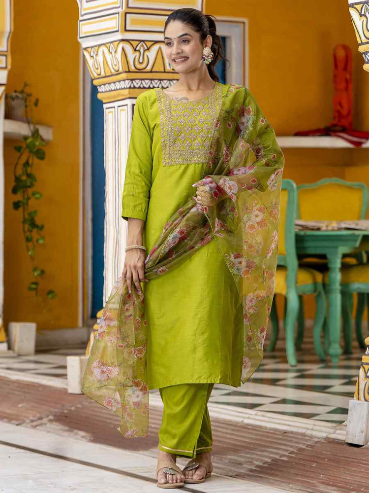Image of Green Cotton Silk Blend Embroidery Party Wedding Festival Casual Ready Pant Salwar Kameez