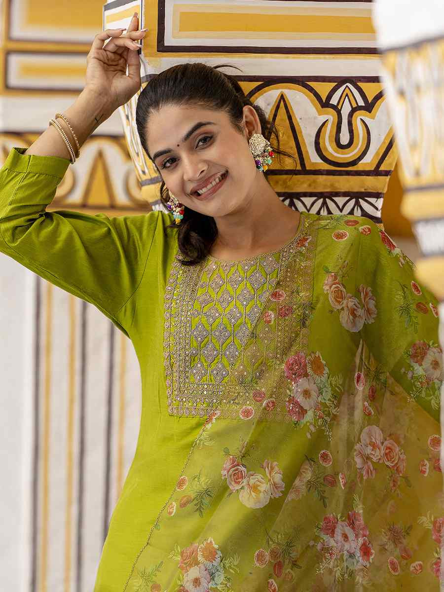 Green Cotton Silk Blend Embroidery Party Wedding Festival Casual Ready Pant Salwar Kameez