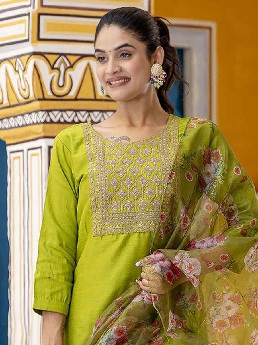 Green Cotton Silk Blend Embroidery Party Wedding Festival Casual Ready Pant Salwar Kameez