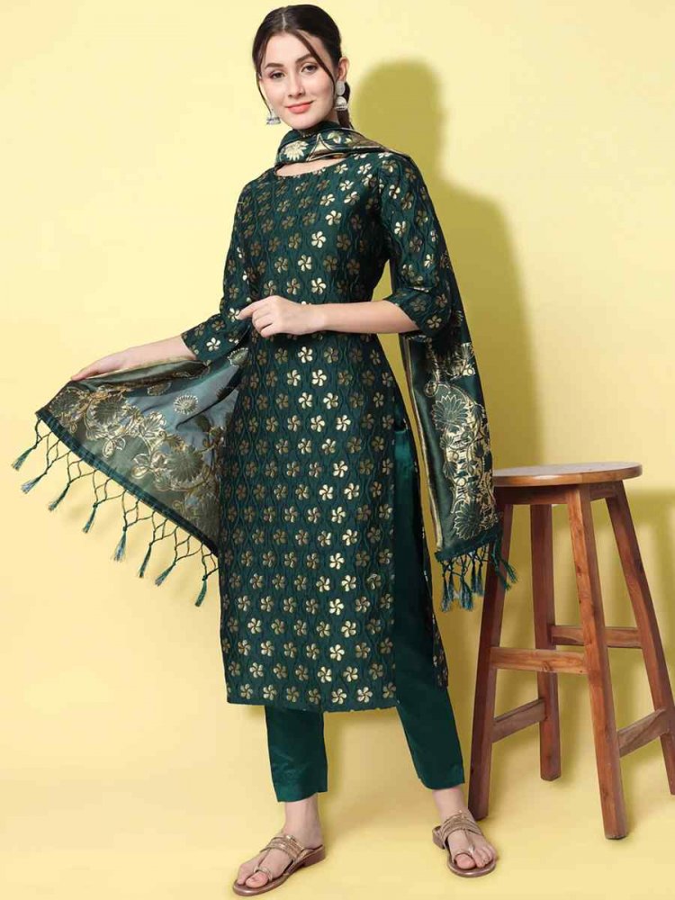Green Cotton Silk Blend Handwoven Festival Mehendi Ready Pant Salwar Kameez