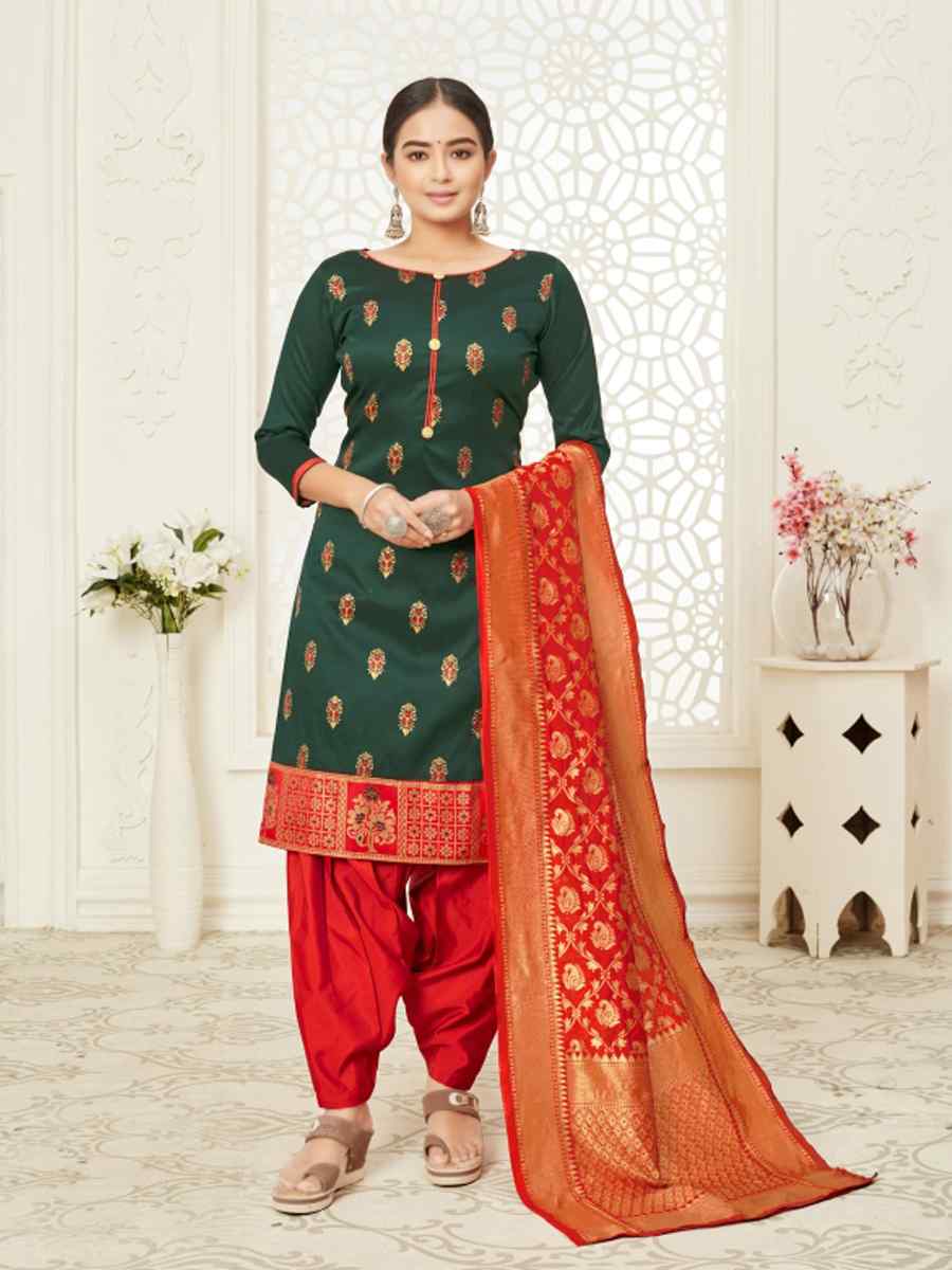 Green Cotton Silk Blend Handwoven Wedding Festival Patiala Salwar Kameez