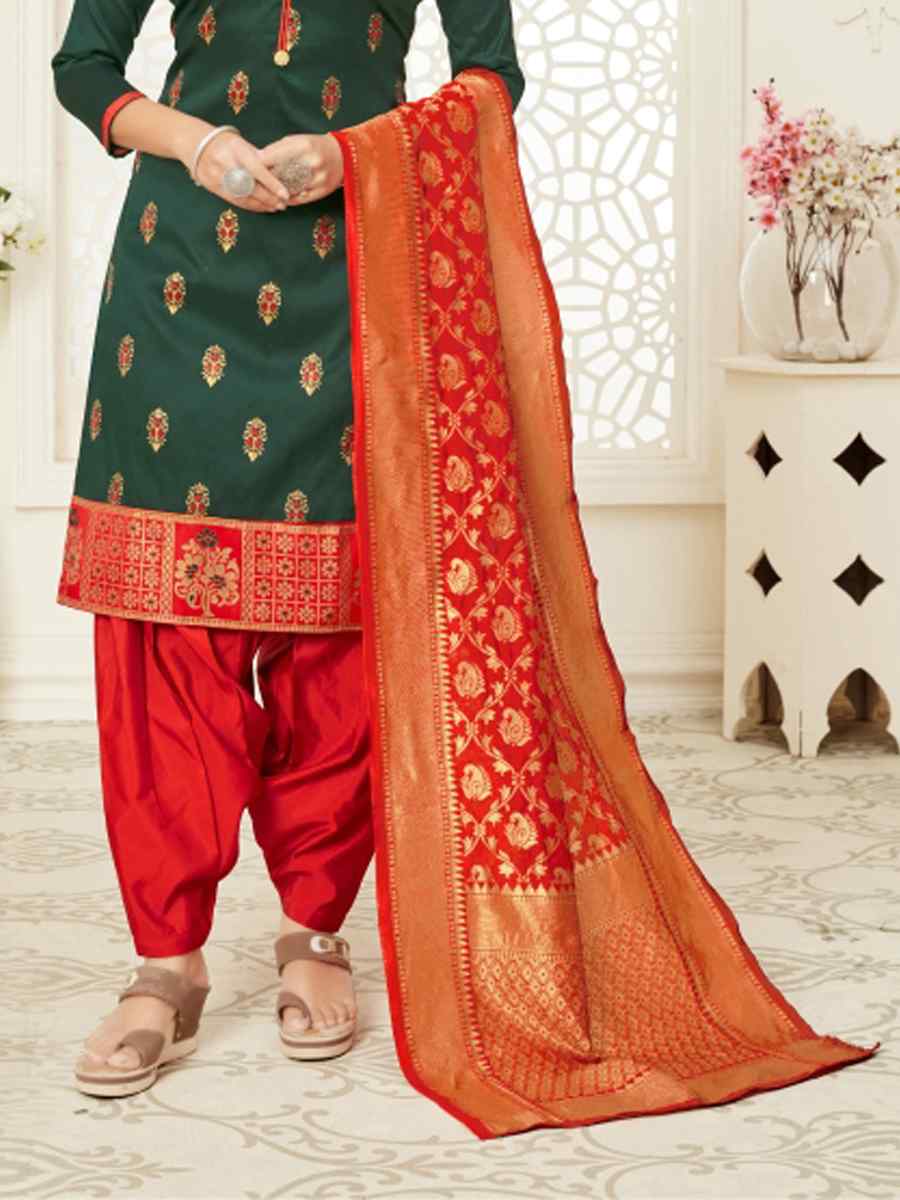 Green Cotton Silk Blend Handwoven Wedding Festival Patiala Salwar Kameez