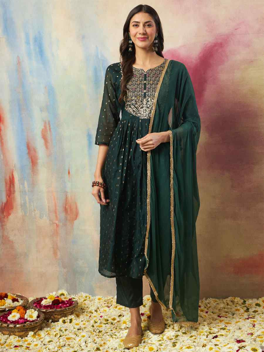 Green Cotton Silk Embroidery Party Wedding Festival Casual Ready Pant Salwar Kameez