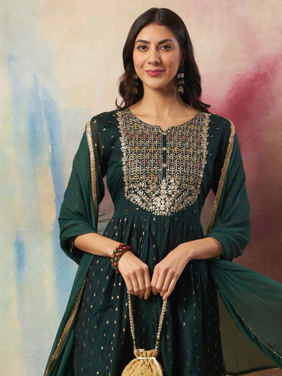 Green Cotton Silk Embroidery Party Wedding Festival Casual Ready Pant Salwar Kameez