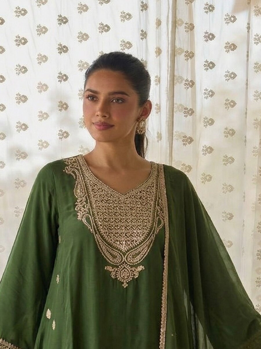 Green Cotton Silk Embroidery Wedding Party Festival Casual Ready Palazzo Pant Salwar Kameez