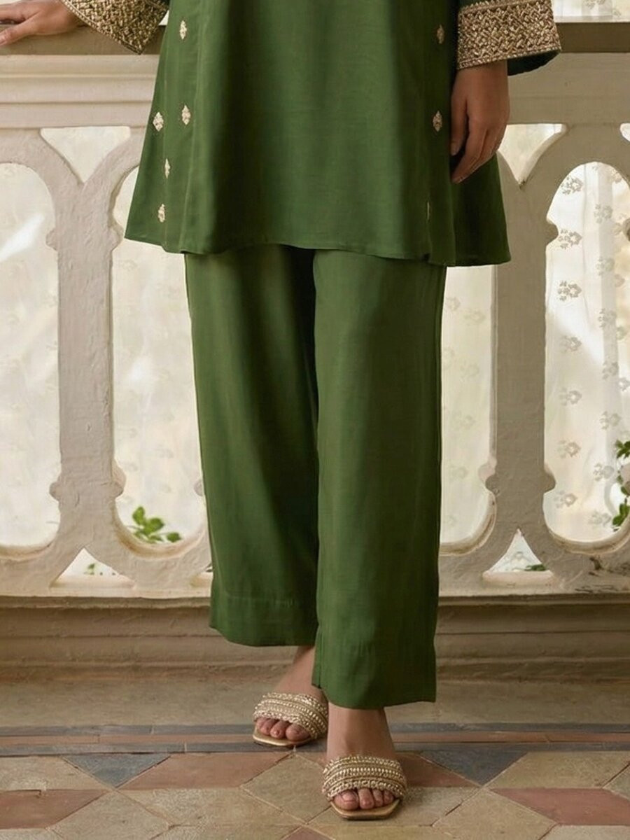 Green Cotton Silk Embroidery Wedding Party Festival Casual Ready Palazzo Pant Salwar Kameez
