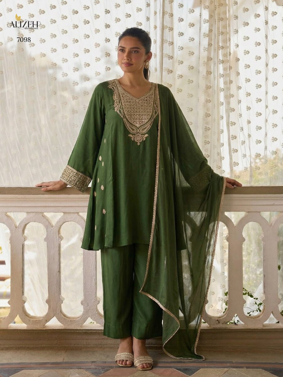 Green Cotton Silk Embroidery Wedding Party Festival Casual Ready Palazzo Pant Salwar Kameez