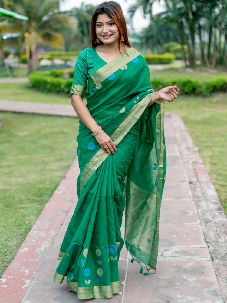Green Cotton Silk Handwoven Casual Festival Classic Style Saree