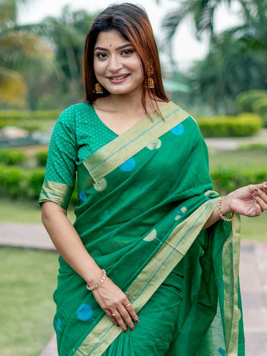 Green Cotton Silk Handwoven Casual Festival Classic Style Saree