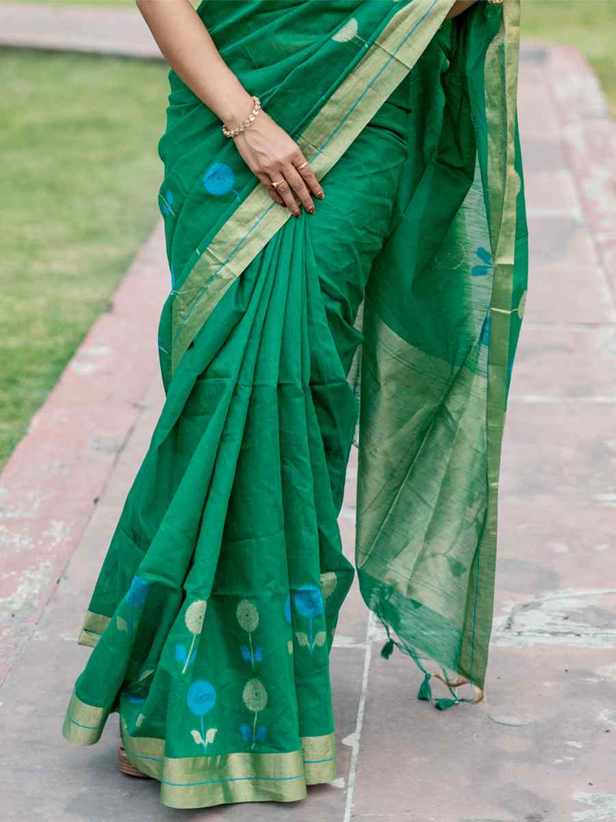 Green Cotton Silk Handwoven Casual Festival Classic Style Saree