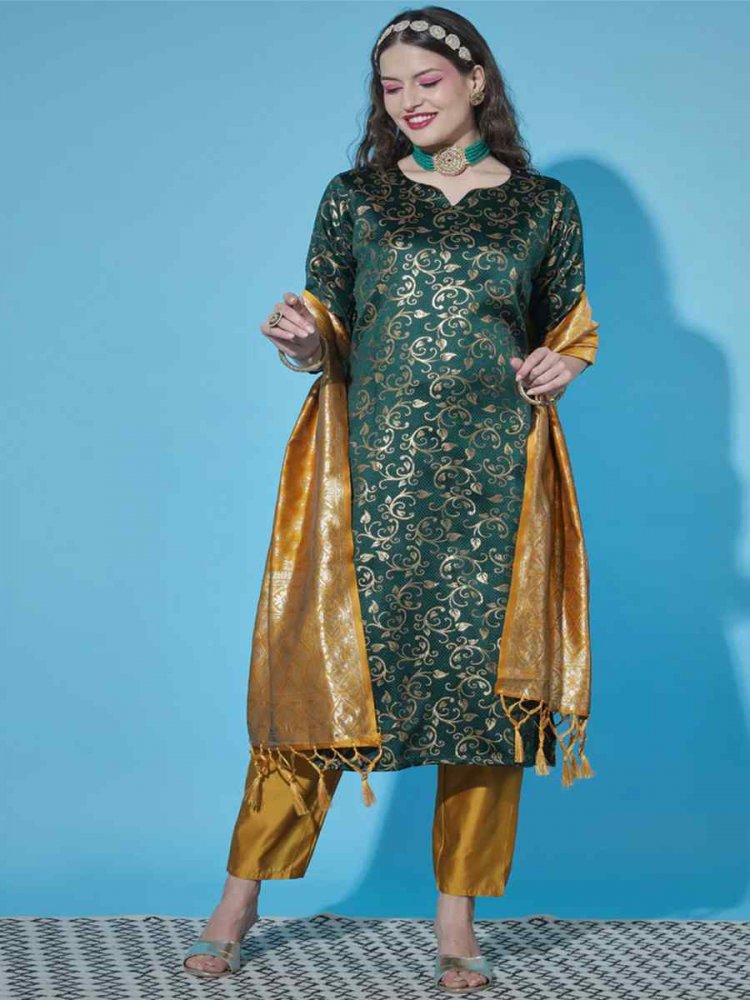 Green Cotton Silk Handwoven Festival Mehendi Ready Pant Salwar Kameez