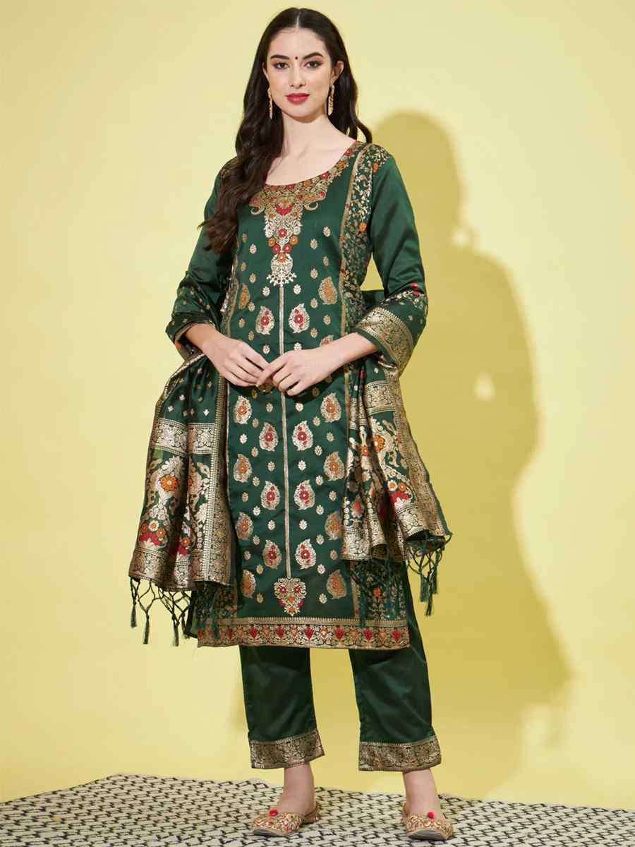 Green Cotton Silk Jacquard Embroidered Festival Mehendi Ready Pant Salwar Kameez