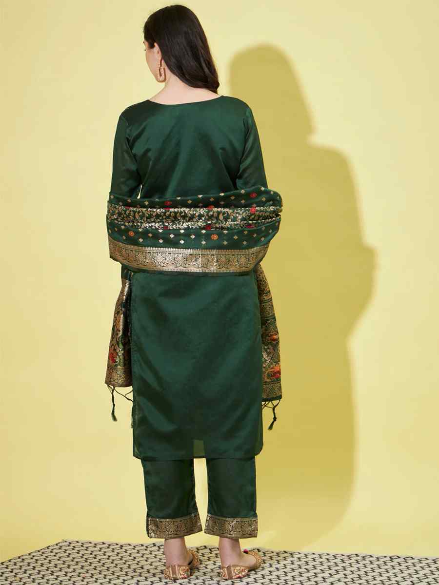 Green Cotton Silk Jacquard Embroidered Festival Mehendi Ready Pant Salwar Kameez