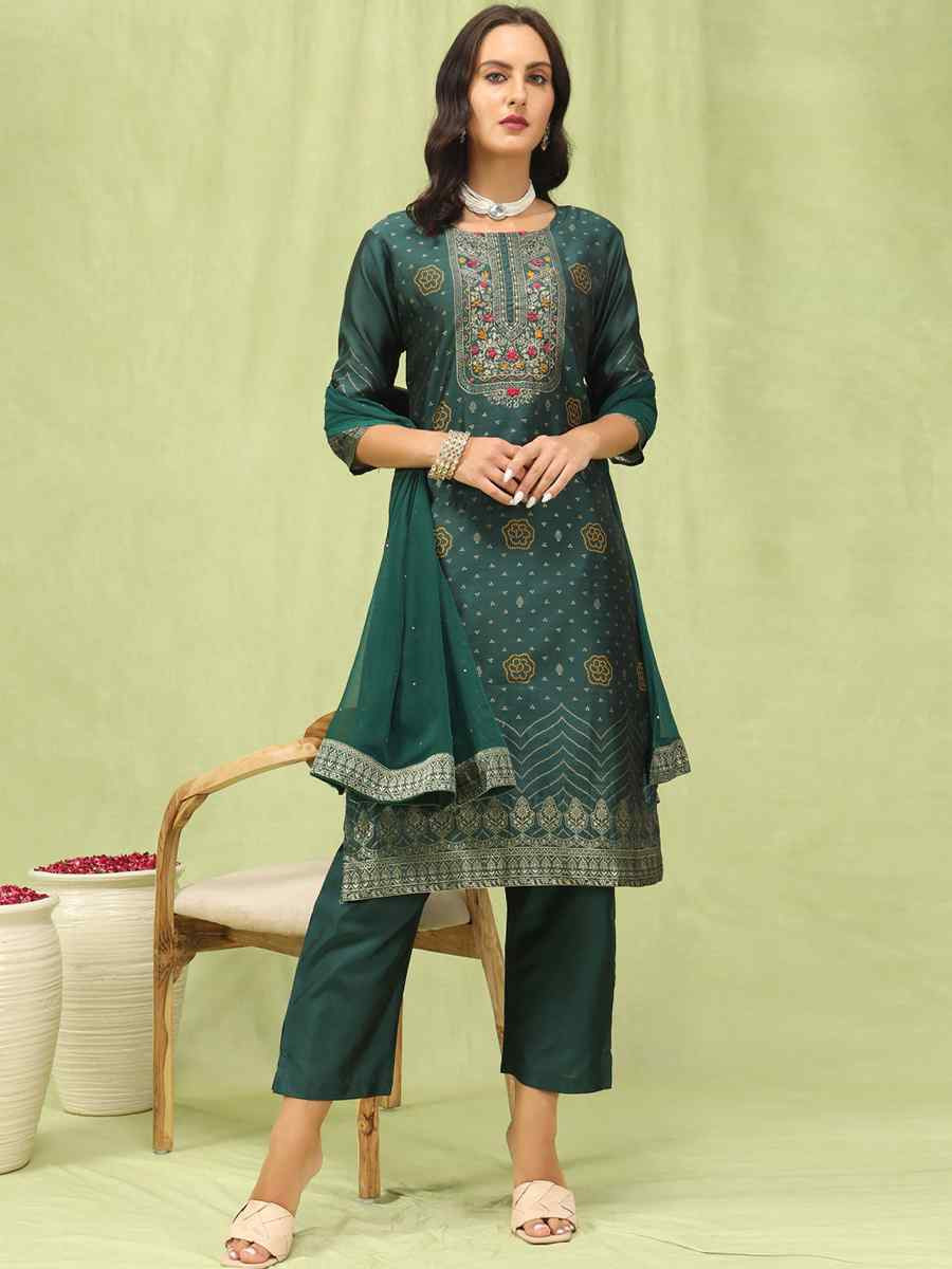 Green Cotton Silk Jacquard Embroidery Party Wedding Festival Casual Ready Pant Salwar Kameez