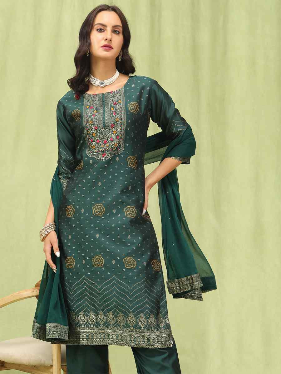 Green Cotton Silk Jacquard Embroidery Party Wedding Festival Casual Ready Pant Salwar Kameez