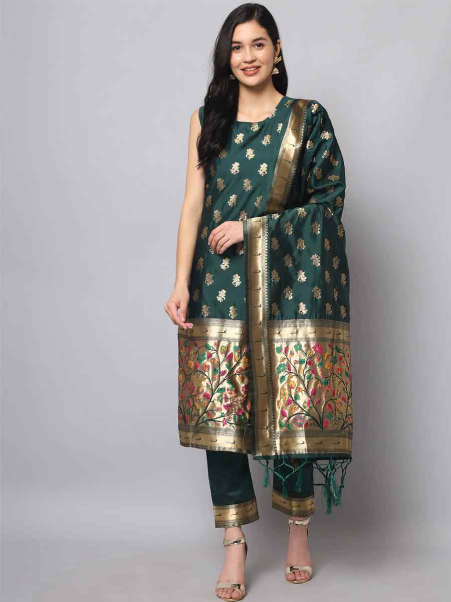 Green Cotton Silk Jacquard Handwoven Festival Mehendi Ready Pant Salwar Kameez