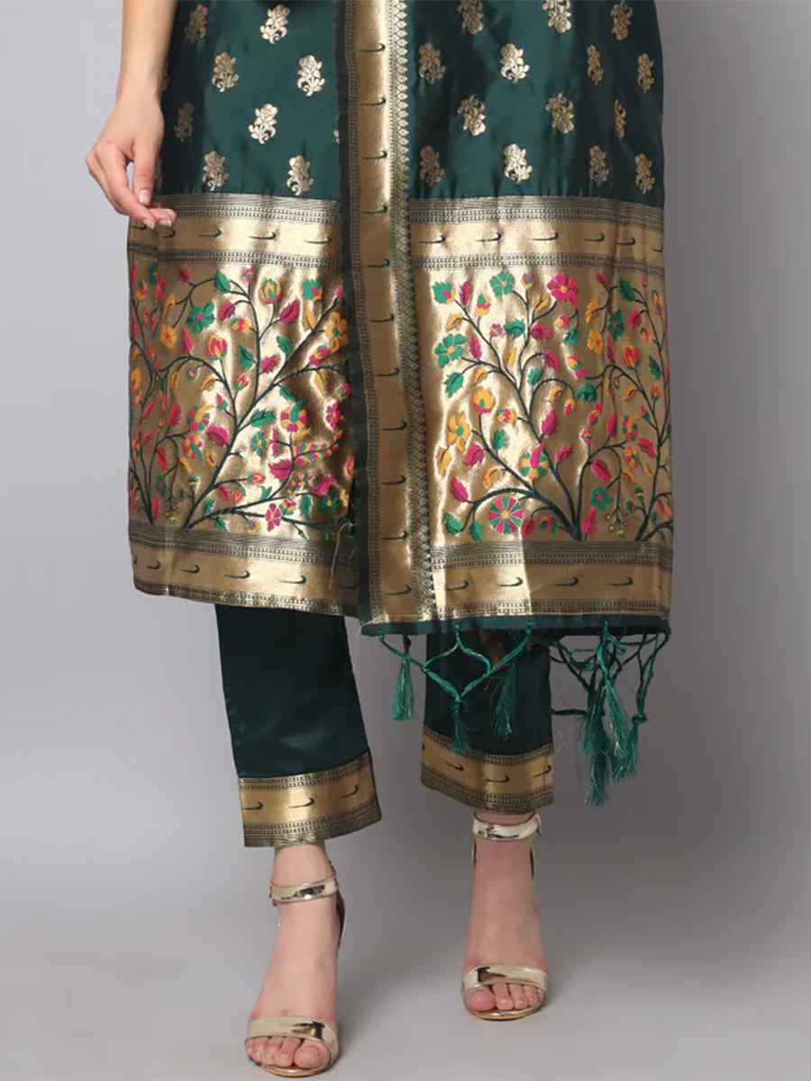 Green Cotton Silk Jacquard Handwoven Festival Mehendi Ready Pant Salwar Kameez