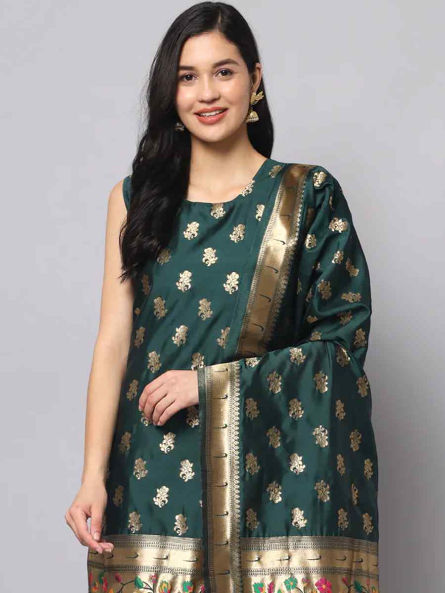 Green Cotton Silk Jacquard Handwoven Festival Mehendi Ready Pant Salwar Kameez