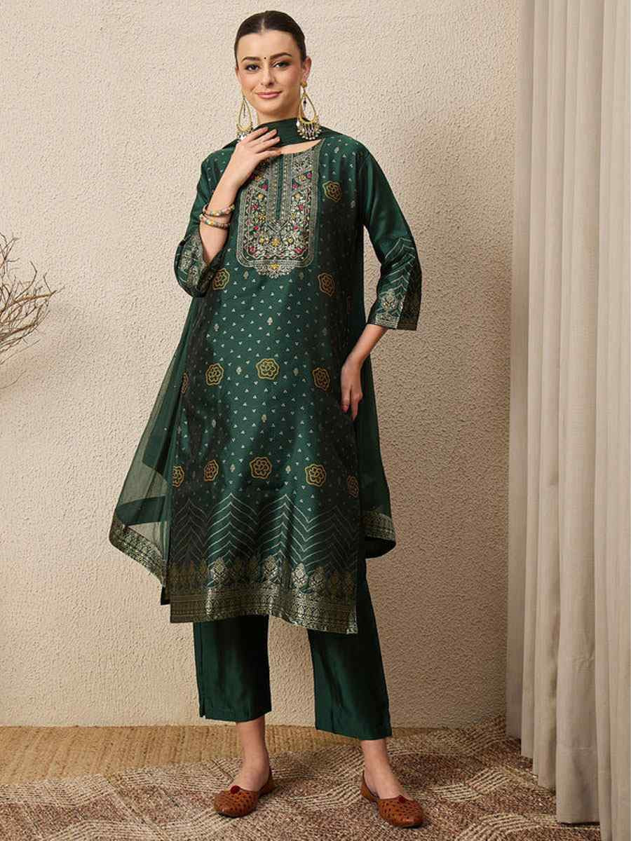 Green Cotton Silk Jacquard Handwoven Party Wedding Festival Casual Ready Pant Salwar Kameez