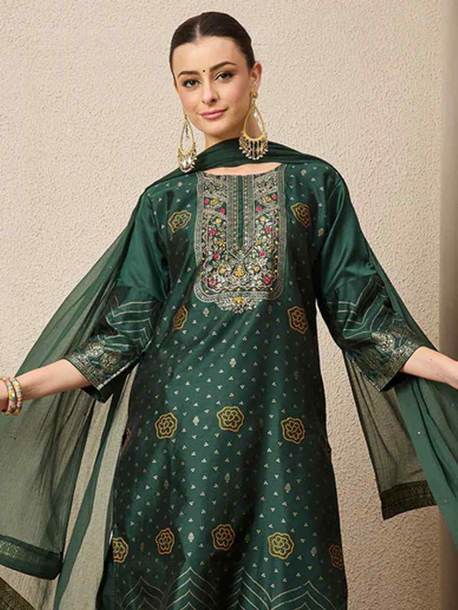 Green Cotton Silk Jacquard Handwoven Party Wedding Festival Casual Ready Pant Salwar Kameez