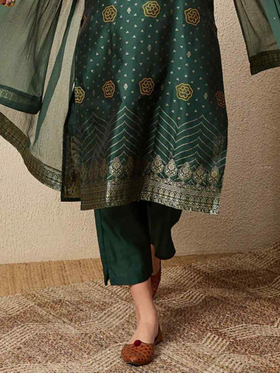 Green Cotton Silk Jacquard Handwoven Party Wedding Festival Casual Ready Pant Salwar Kameez