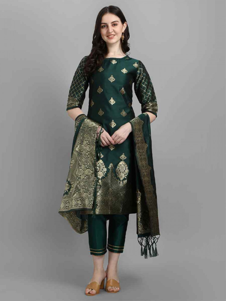 Image of Green Cotton Silk Jacquard Handwoven Party Wedding Festival Casual Ready Pant Salwar Kameez