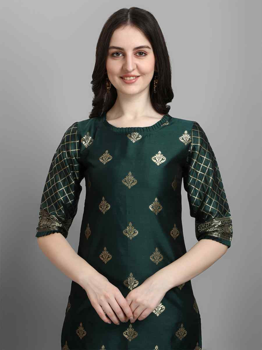 Green Cotton Silk Jacquard Handwoven Party Wedding Festival Casual Ready Pant Salwar Kameez