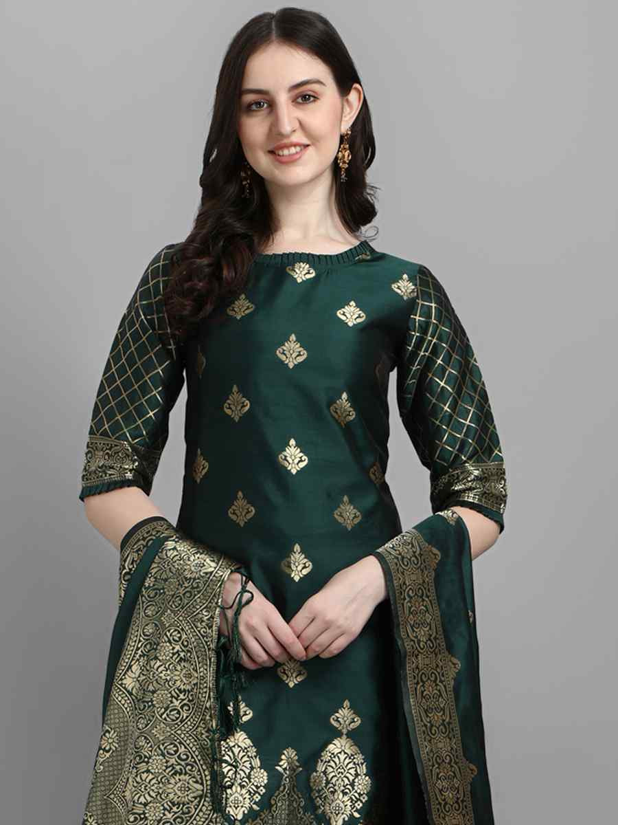 Green Cotton Silk Jacquard Handwoven Party Wedding Festival Casual Ready Pant Salwar Kameez