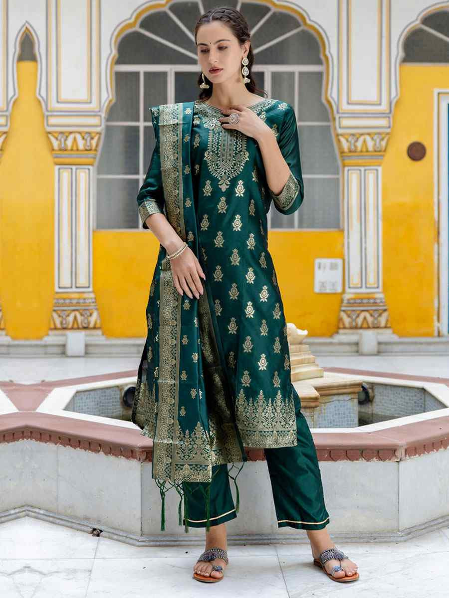 Green Cotton Silk Jacquard Handwoven Party Wedding Festival Casual Ready Pant Salwar Kameez
