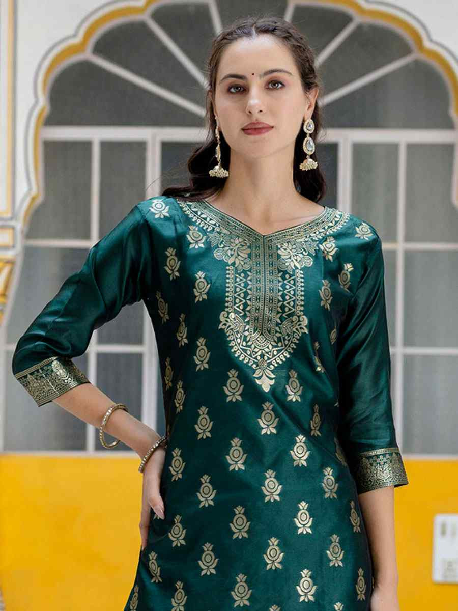 Green Cotton Silk Jacquard Handwoven Party Wedding Festival Casual Ready Pant Salwar Kameez