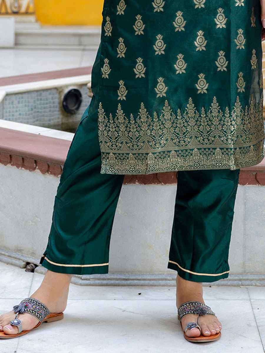 Green Cotton Silk Jacquard Handwoven Party Wedding Festival Casual Ready Pant Salwar Kameez