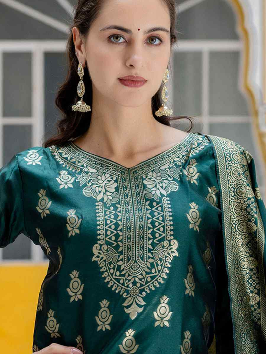 Green Cotton Silk Jacquard Handwoven Party Wedding Festival Casual Ready Pant Salwar Kameez