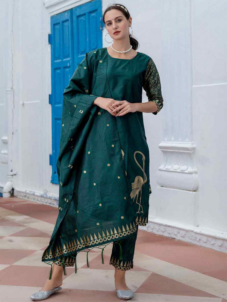 Image of Green Cotton Silk Jacquard Work Party Wedding Festival Casual Ready Pant Salwar Kameez