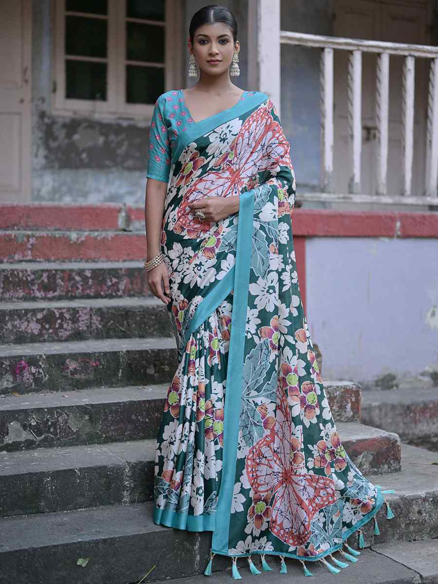 Green Cotton Silk Printed Casual Festival Contemporary Saree