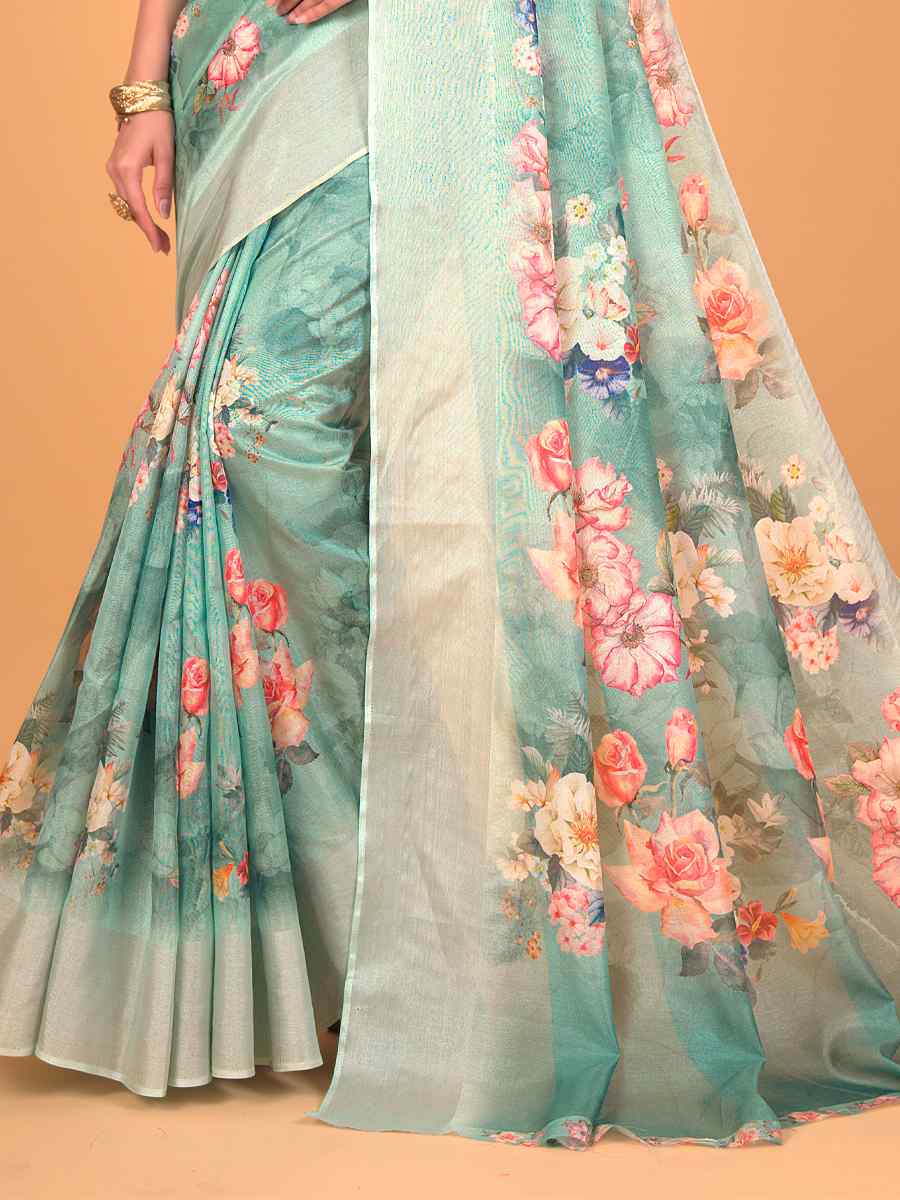 Green Cotton Silk Printed Party Festival Classic Style Saree