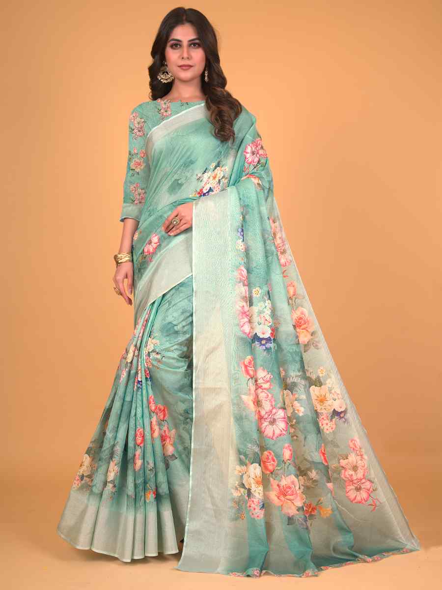 Green Cotton Silk Printed Party Festival Classic Style Saree