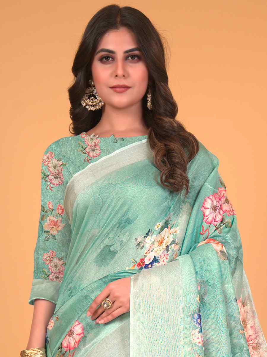 Green Cotton Silk Printed Party Festival Classic Style Saree