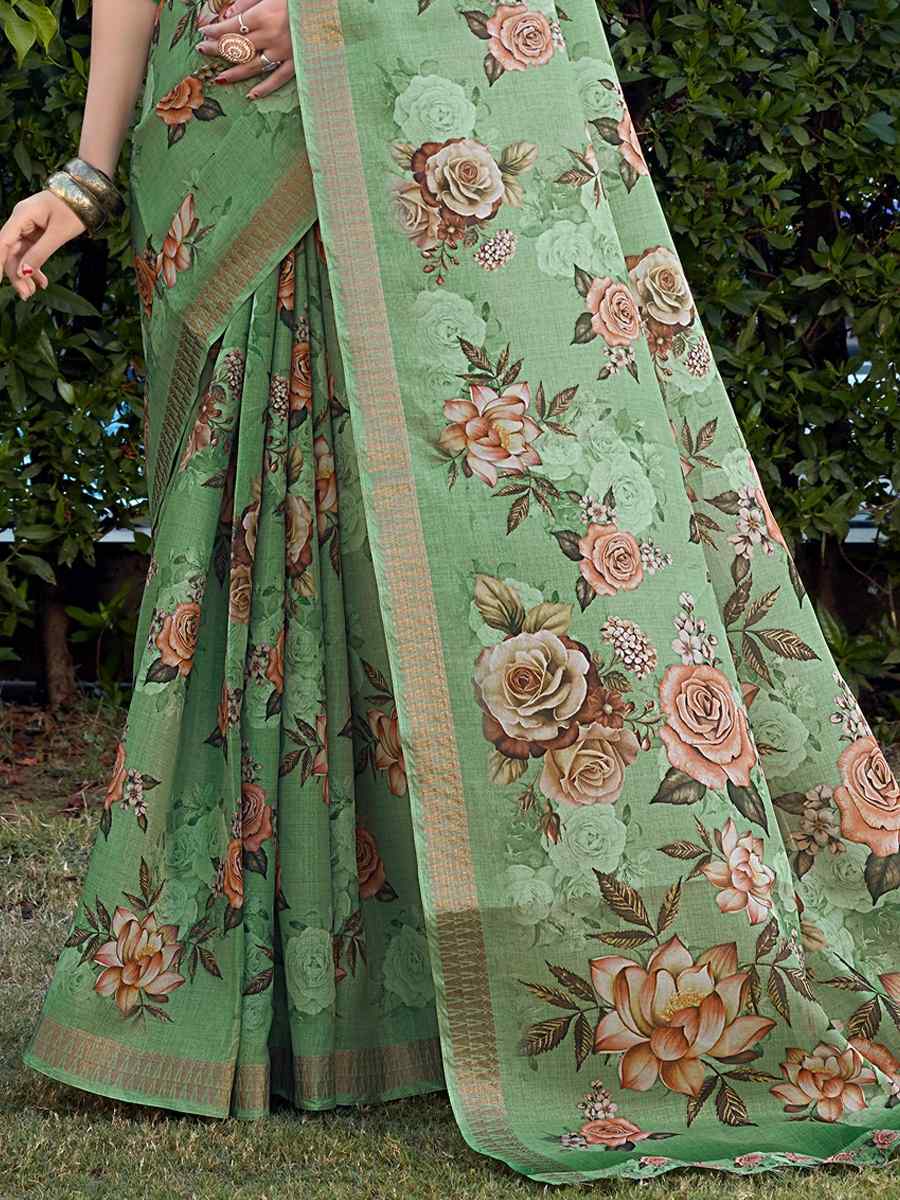 Green Cotton Silk Printed Party Festival Contemporary Saree