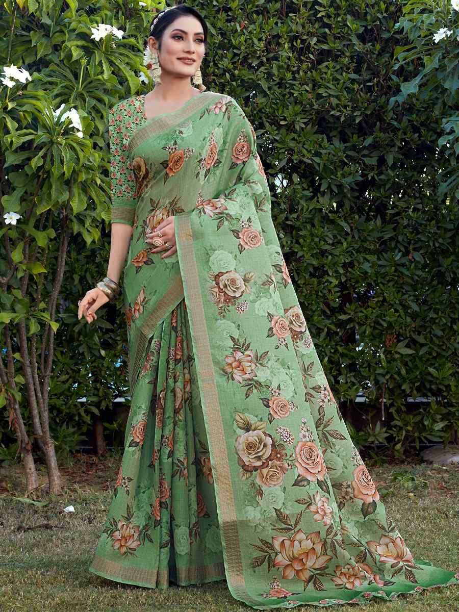 Green Cotton Silk Printed Party Festival Contemporary Saree