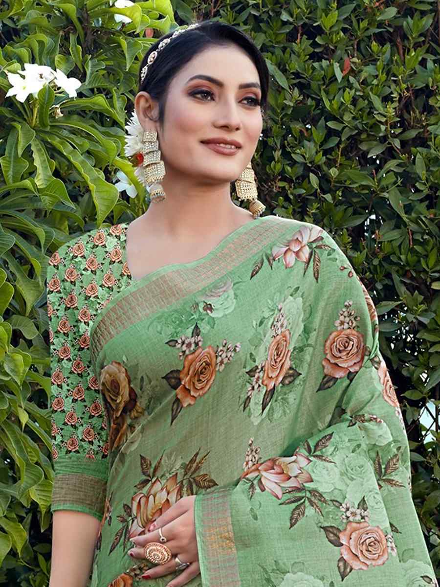 Green Cotton Silk Printed Party Festival Contemporary Saree