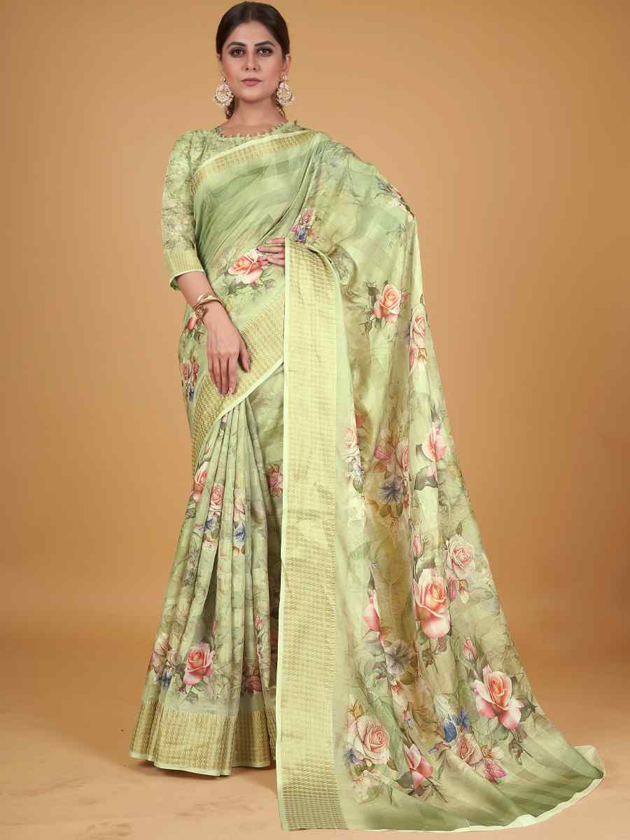 Green Cotton Silk Printed Party Festival Heavy Border Saree