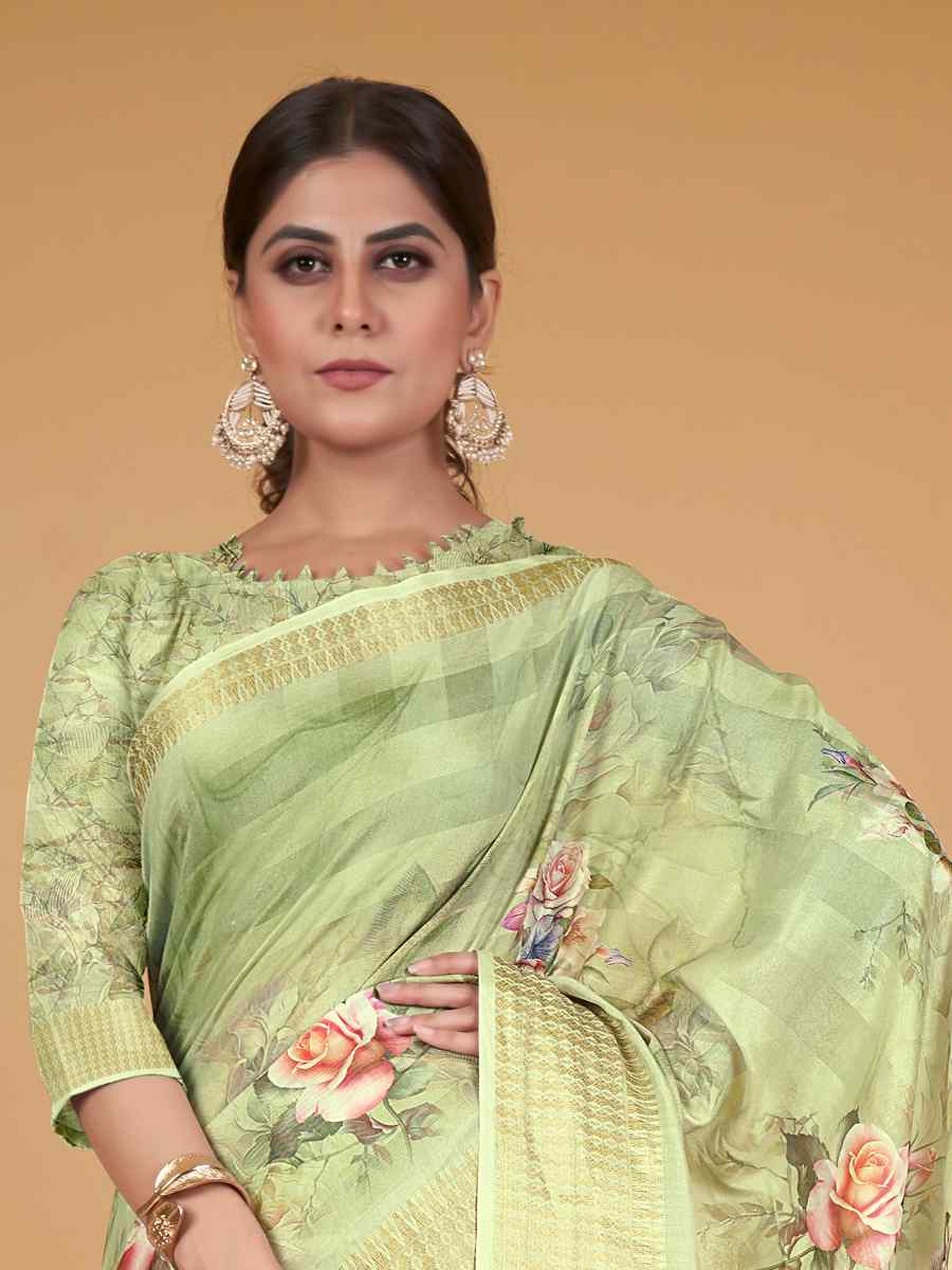 Green Cotton Silk Printed Party Festival Heavy Border Saree