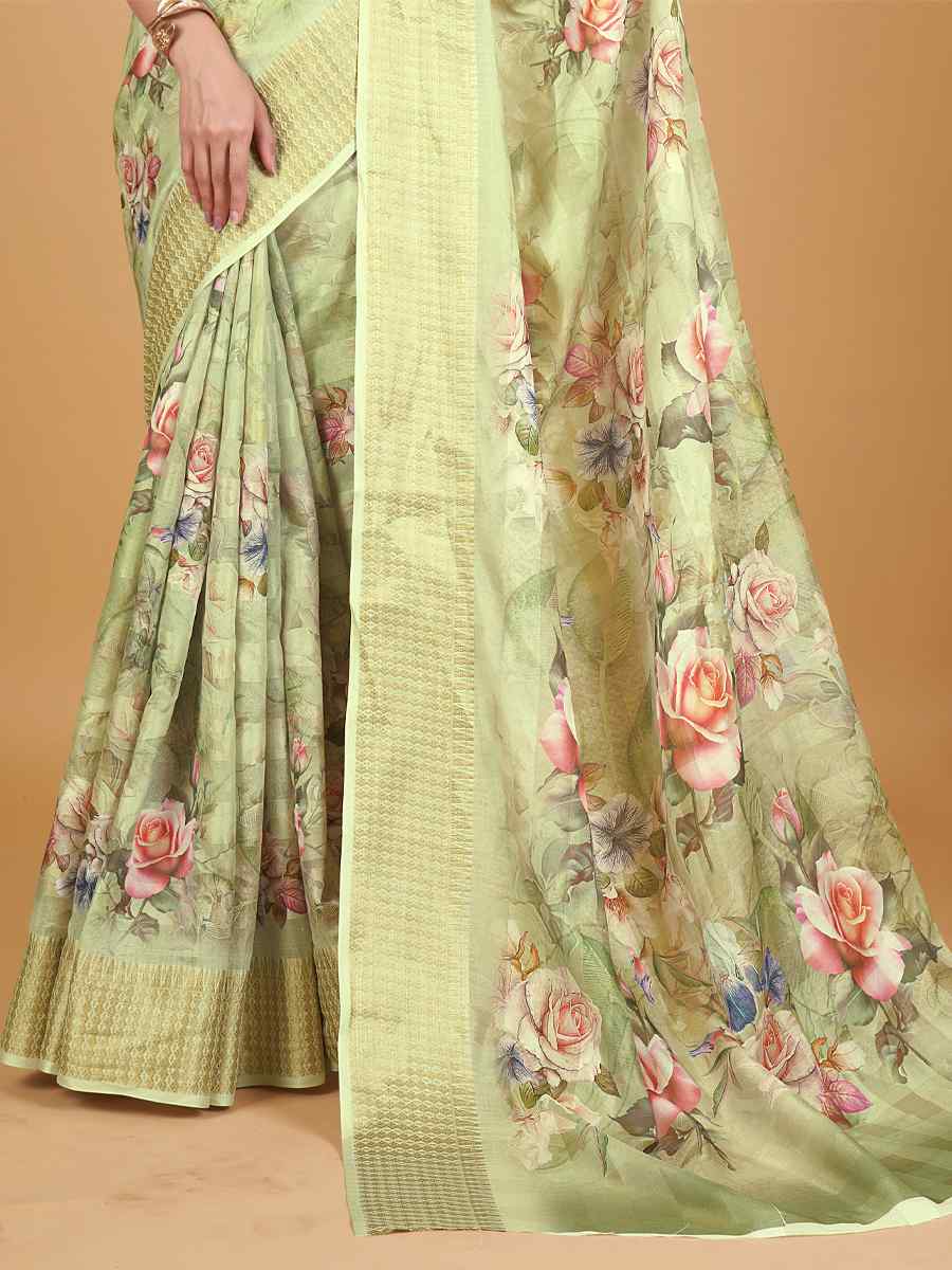 Green Cotton Silk Printed Party Festival Heavy Border Saree