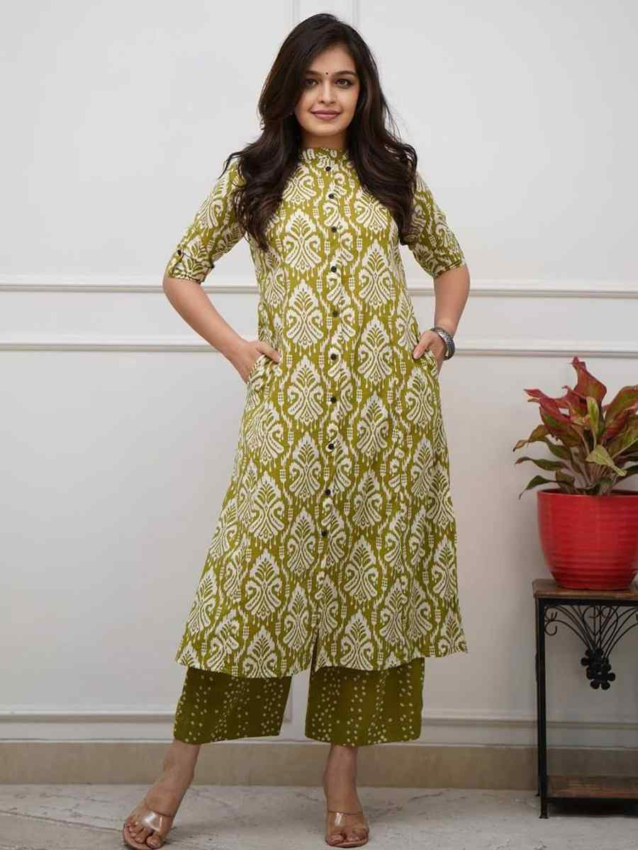 Green Cotton Slub Printed Festival Casual Kurti Bottom Women Wear