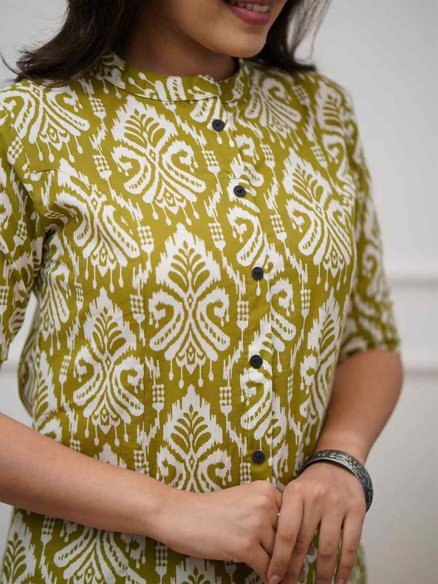 Green Cotton Slub Printed Festival Casual Kurti Bottom Women Wear