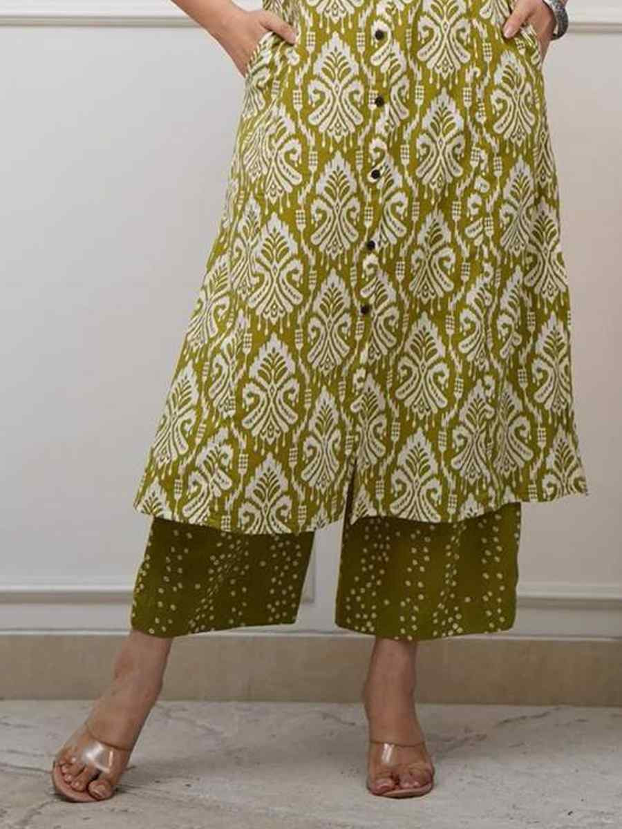 Green Cotton Slub Printed Festival Casual Kurti Bottom Women Wear