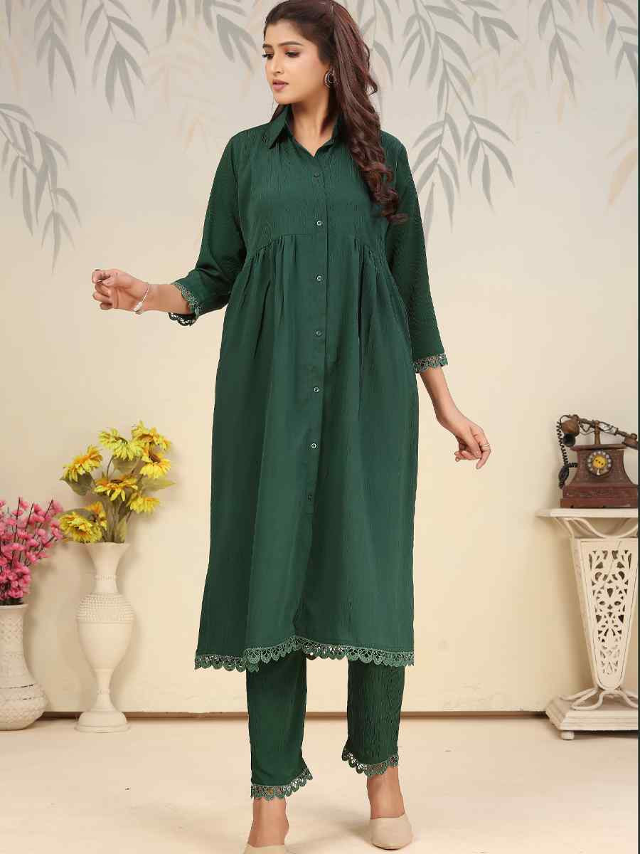 Green Cotton Solid Festival Casual Kurti