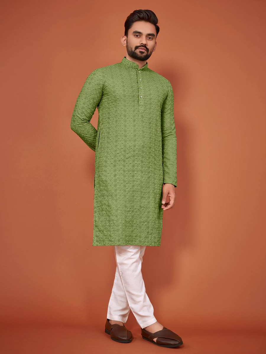 Green Cotton Woven Festival Mehendi Kurta