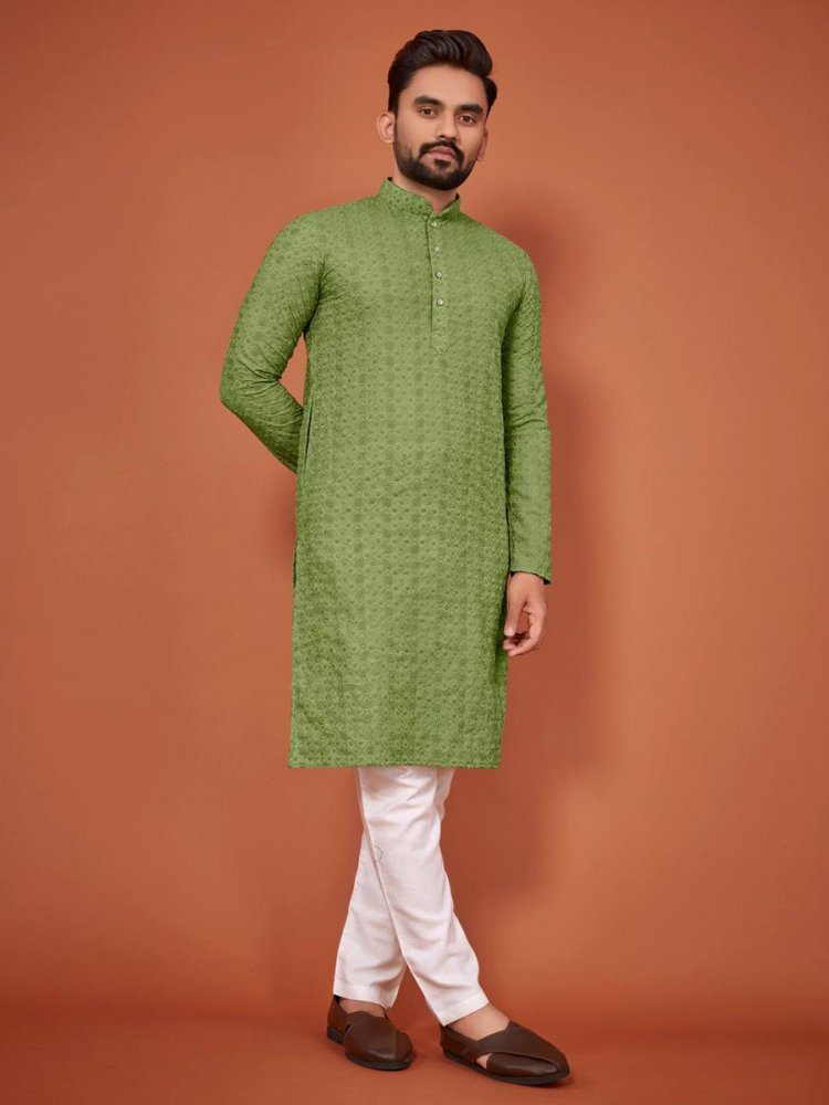 Green Cotton Woven Festival Mehendi Kurta